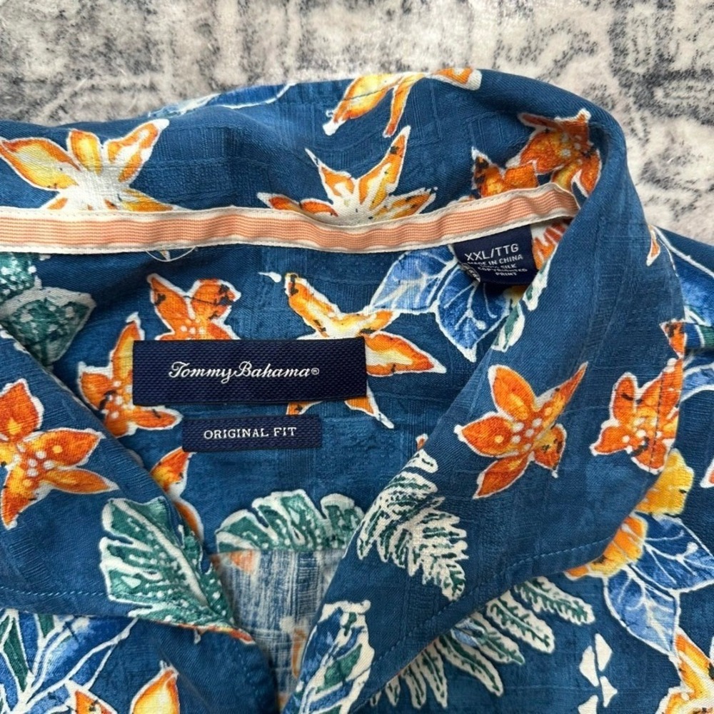 Tommy Bahama XXL Silk Shirt Mens Blue Orange Tropical Floral Hawaiian Shirt - Picture 3 of 8